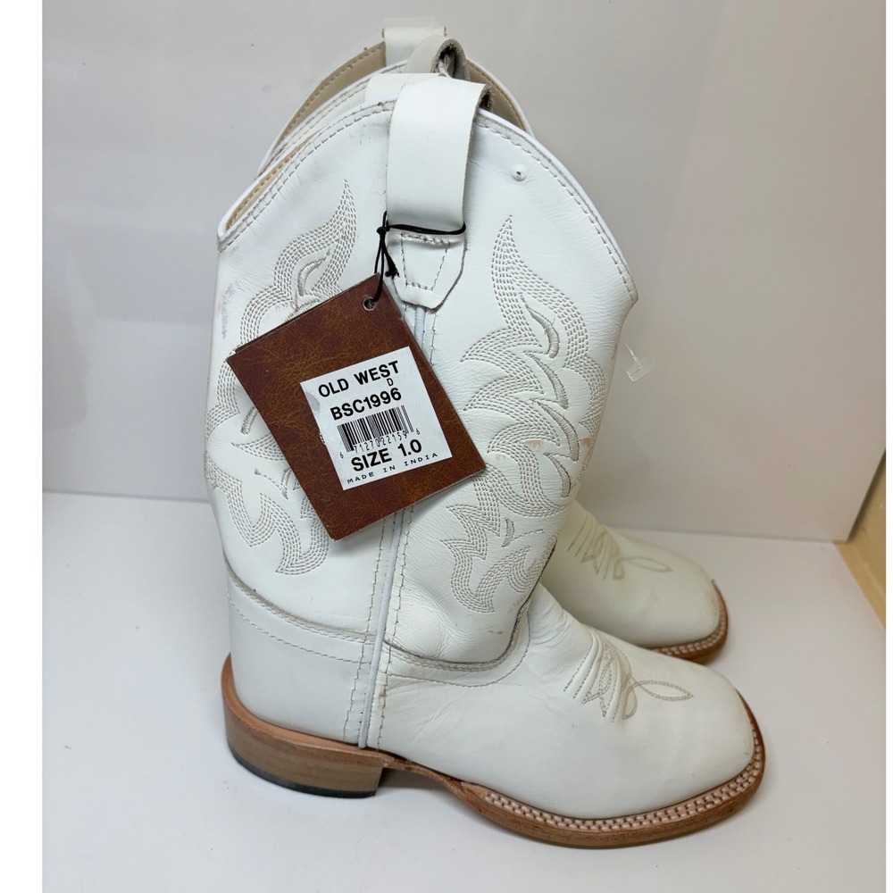 Old West Kids Cream Leather Square Toe Cowboy Boots BSC1996 Size 1.0 D NWT